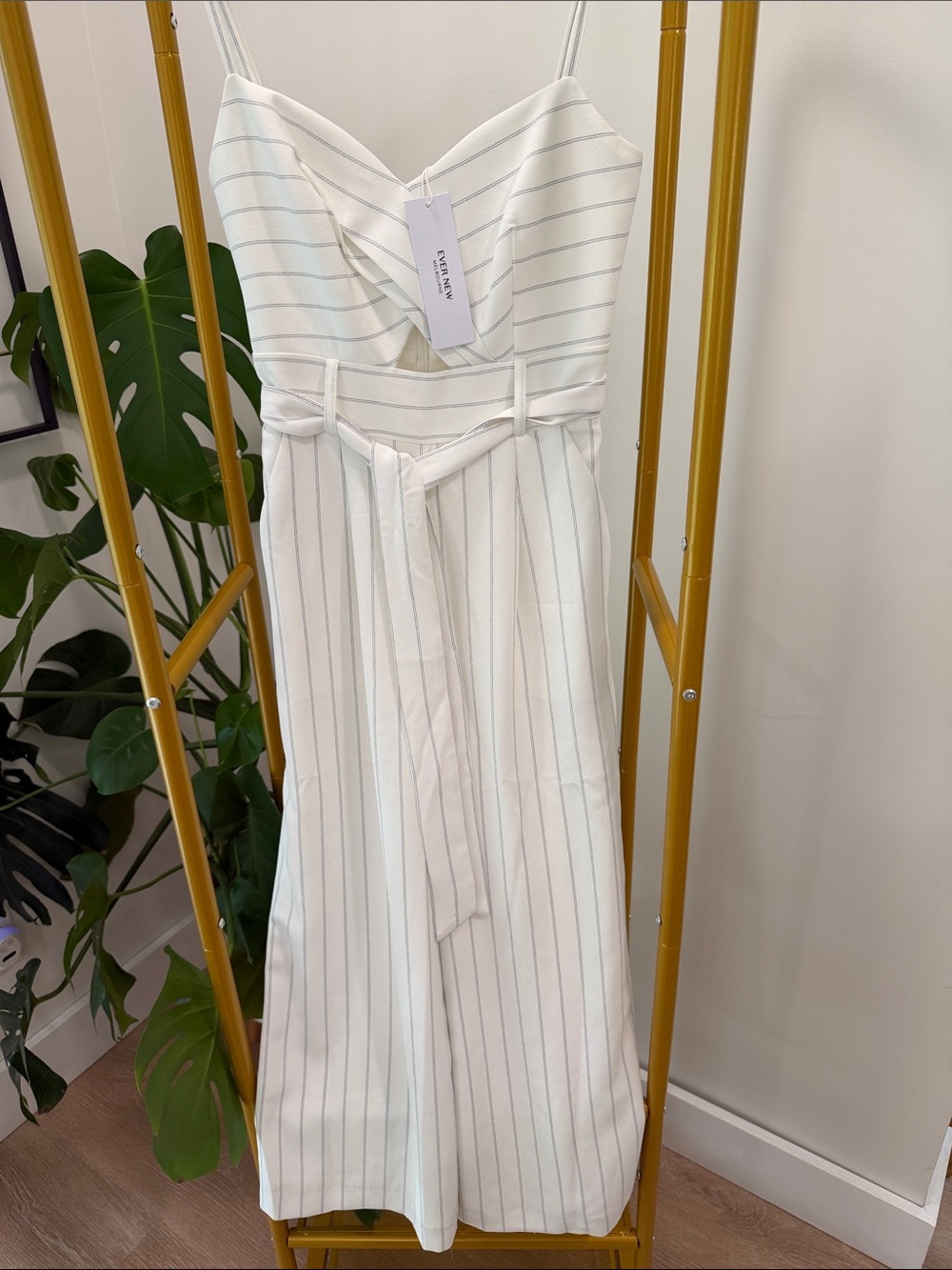 Ever New White Jumpsuit with Light Blue Pinstripes and Waist Tie